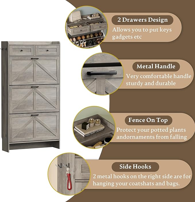 Shoe Storage Cabinet for Entryway, Farmhouse Narrow Shoe Cabinet with 3 Flip Drawers & 2 Top Drawers, Adjustable Shelves & Hooks, Freestanding Hidden Rack Organizer for Hallway, Foyer