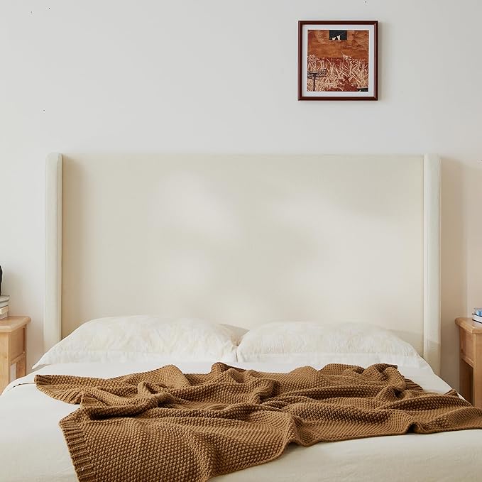 King Size Upholstered Bed Frame, 52.3" High Headboard Carmen Wingback Bed Frames, Tall Headboard Floor Platform Beds, No Box Spring Needed No Noise, Simplicity Minimalist, Beige Boucle