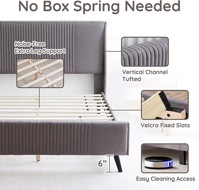 Livinia Sunset Full Size Wingback Platform Bed, Fabric Upholstered Full Bed Frame with Vertical Channel Tufted Headboard Footboard, Strong Wood Slats, No Box Spring Needed, Gray