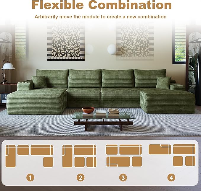 136" Sectional Couches for Living Room Modern Modular Sofa with L-Shape Couchs Upholstered Boneless Couch Deep Seat Sectional Couch with Chaise (Green, Left Facing Chaise+3Seaters+Ottoman)