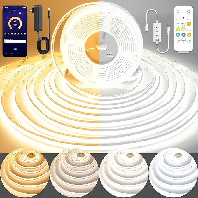COB LED Strip Light,CCT Dimmable Strips Light,2700K-6500K,6.56ft/2m,8mm Wide,CRI90+ 24V LED Strips Kit with Bluetooth APP Control/Music Mode,for Bedroom,Kitchen,DIY Lighting