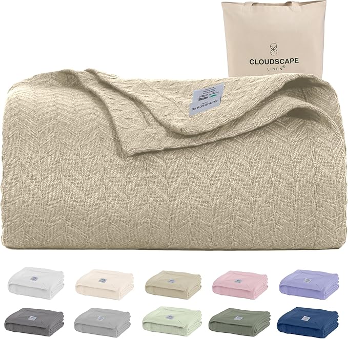 Cloud Scape Linen 100% Cotton Blanket 92x92 Fog - Cozy Herringbone Weave, Fits Up to for Full Size Beds, Breathable Softness, All-Season Warmth, Winter Blanket, for Women