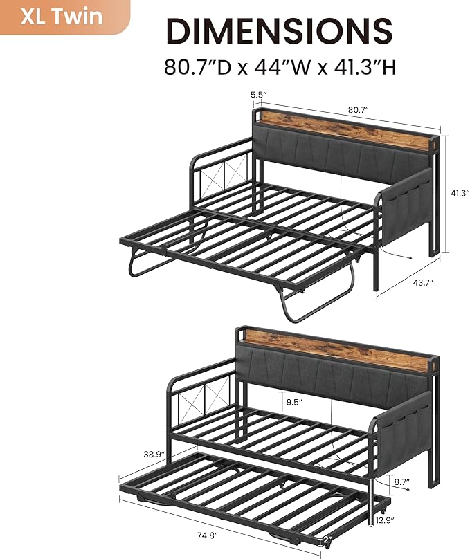 LIKIMIO Daybed with Trundle Bed, Twin XL Bed Frame with Storage Headboard and Charging Station, Sofa Day Bed with Strong Supports for Living Room, Bedroom, and Guest Room, Grey