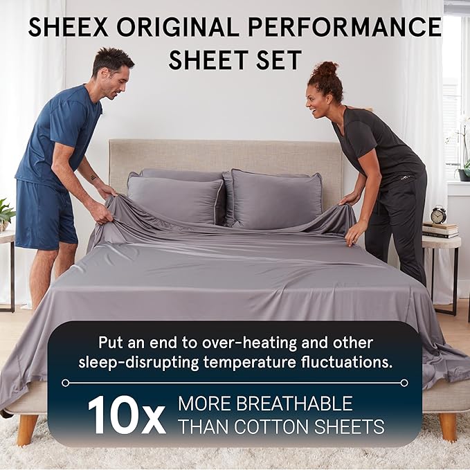 SHEEX - Original Performance Sheets Set (Twin/Twin XL) Graphite - Cooling Sheets - Moisture Wicking - 1 Flat Cooling Sheet, 1 Fitted Cooling Sheet, 1 Pillow Cover - Wrinkle Free - Sleep Aid