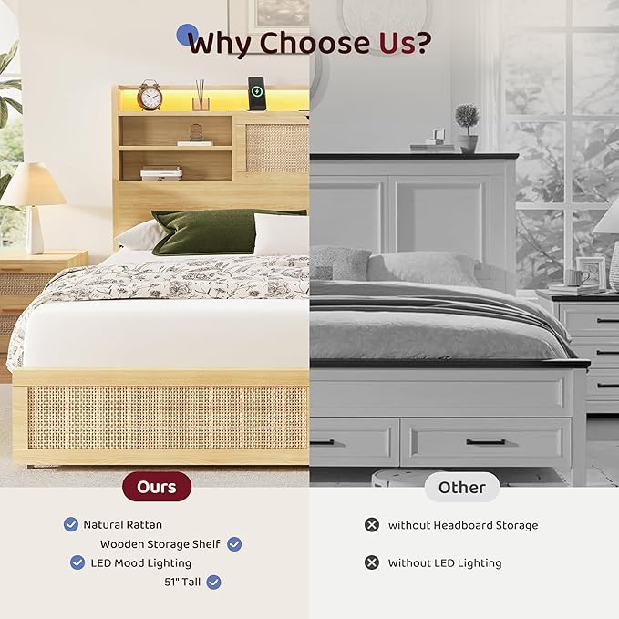 King Size Rattan Bed Frame with 4 Storage Drawers and Hidden Storage Headboard Wooden Platform Bed Frame with LED Lights and Charging Station, No Box Spring Needed, Easy Assembly, Natural