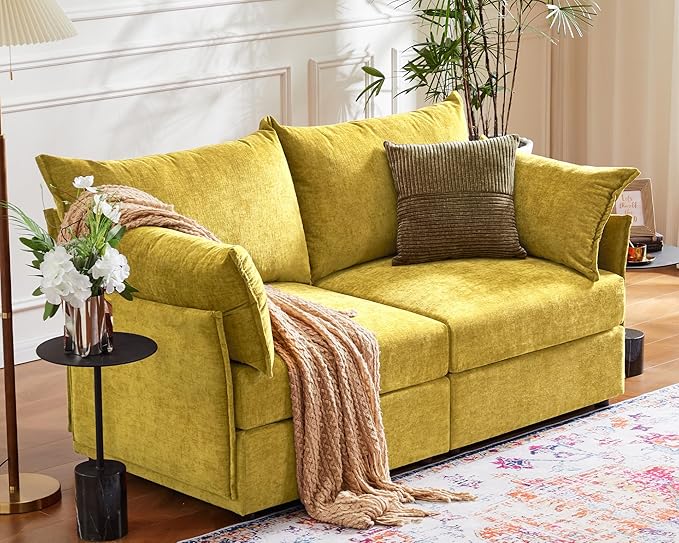 ABCASA Oversized Loveseat Sofa, Modern Modular Sectional Couch Yellow Fluffy Chenille Mid Century 2-Seat 24.5" Deep Seat for Apartment, Living Room, Bedroom