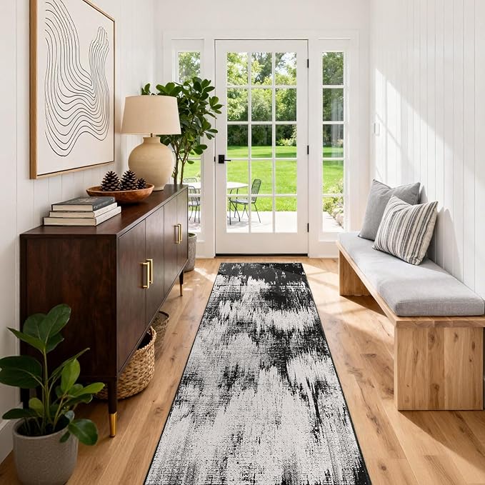 3x8 Hallway Washable Runner Rug: Extra Long Kitchen Runner Non Slip Abstract Rugs Printed Faux Wool Low Pile Soft Indoor Floor Carpet for Bedroon Dining Living Room Bathroom Black White 3x8