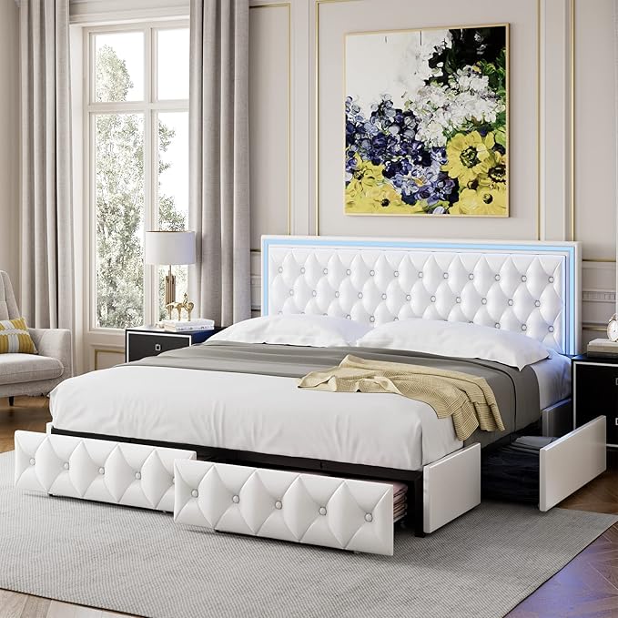 Keyluv Queen Upholstered LED Bed Frame with 4 Drawers, Pu Leather Platform Storage Bed with Adjustable Button Tufted Headboard and Solid Wooden Slats Support, No Box Spring Needed, White