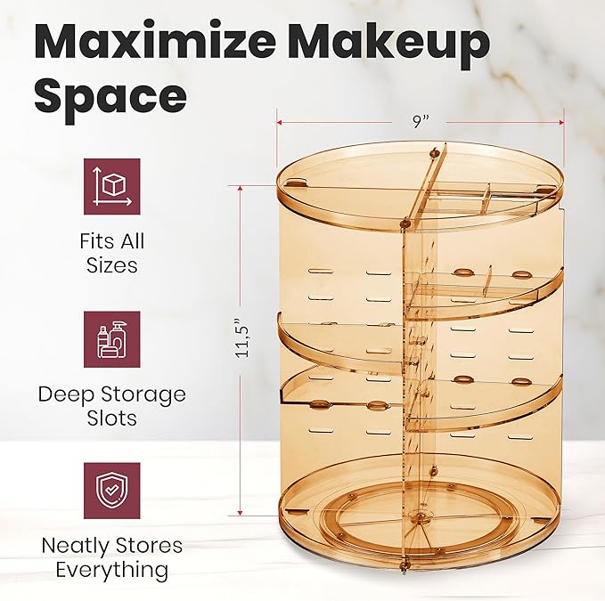 Masirs 360 Rotating Makeup Organizer - Adjustable Shelf Height and Fully Rotatable - The Perfect Round Spinning Cosmetic Organizer for Bedroom Dresser or Vanity Countertop Storage (Brown)