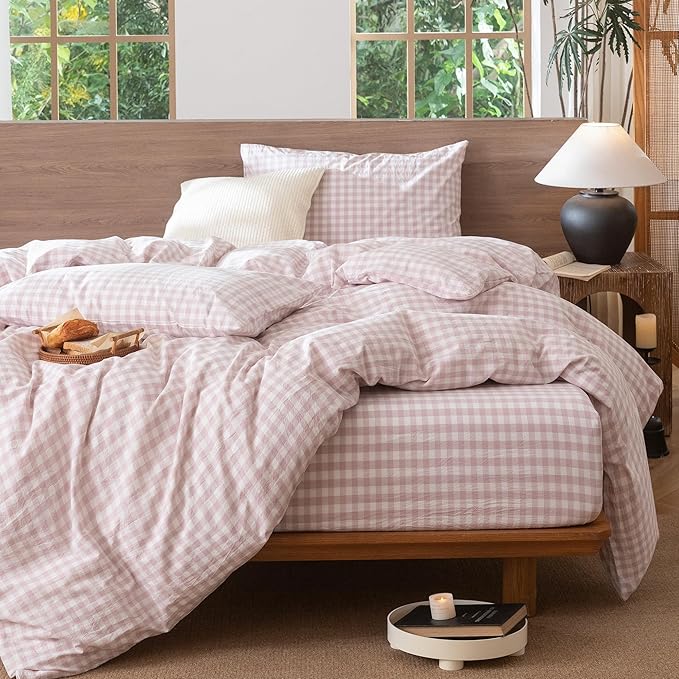 MooMee Gingham Duvet Cover Set 100% Washed Cotton Linen Like Textured Breathable Durable Soft Comfy Modern Checkered Design (Classic Gingham Greyish Pink, King 104"x90")