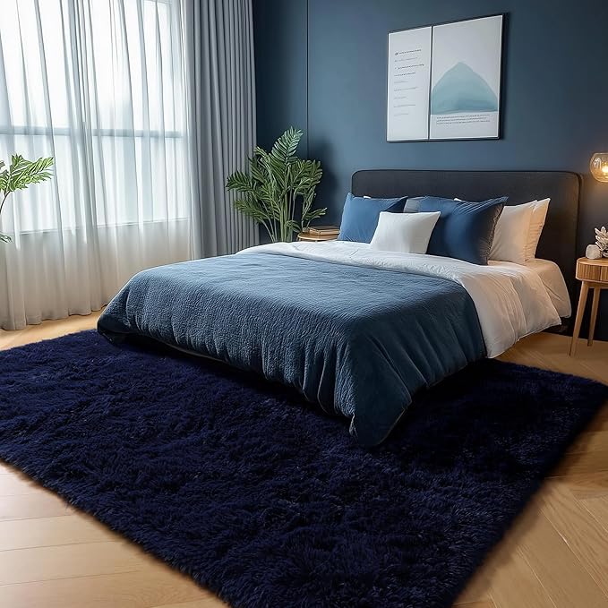 PAGISOFE Navy Blue Rug 3x5, Fluffy Dark Blue Rugs for Bedroom Super Soft Bedside Rugs, Modern Indoor Carpets for Living Room Non-Slip Carpet for Kids Boys Girls Teen Dorm Nursery Room Decor Classroom