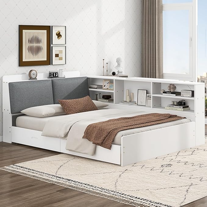 Ball & Cast Full Size Wooden Storage Daybed Frame, Modern Platform Bed with Drawers & Flip Headboard & Shelves, L Shaped Full Floor-Bed w/Upholstered Headboard&Storage, No Box Spring Needed, White