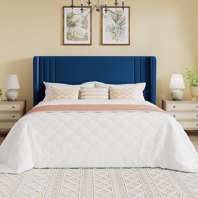 SHA CERLIN Full Size Velvet Upholstered Platform Bed Frame with Vertical Channel Tufted Wingback Headboard, Wooden Slats Support, Easy Assembly, Under Bed Storage, No Box Spring Required, Blue