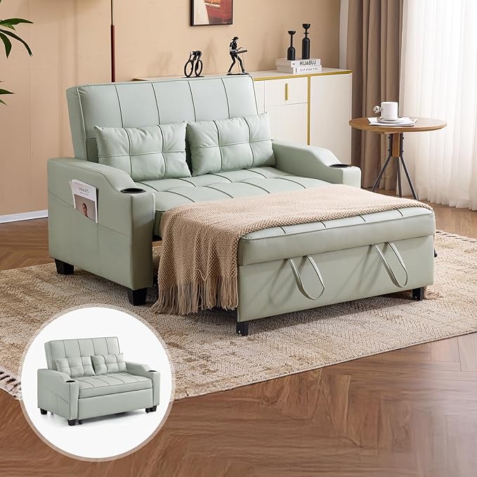 VINGLI Light Green Futon Sofa Bed Convertible Loveseat Sleeper Couch, Faux Leather Pullout Sofa Fold Out Couch Bed with USB Ports, Cup Holders, Armrest for Living Room, Bedroom Apartment Room