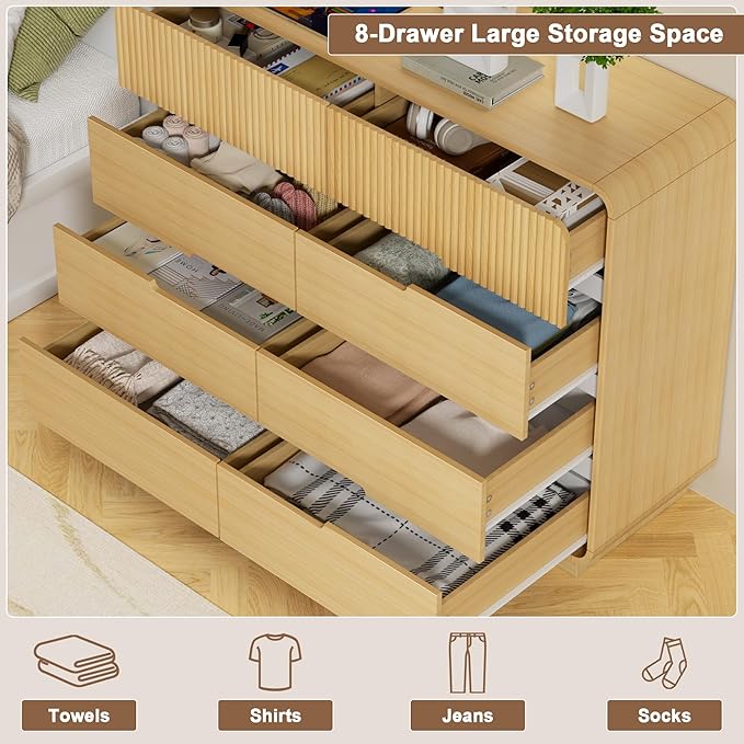 8 Drawer Dresser and 2 Nightstand Sets for Bedroom 3 Pcs Bedroom Set, Modern 39.4" Fluted Dresser with Invisible Handles Nightstand Charging Station, Bedroom Furniture Set for Living Room, Natural
