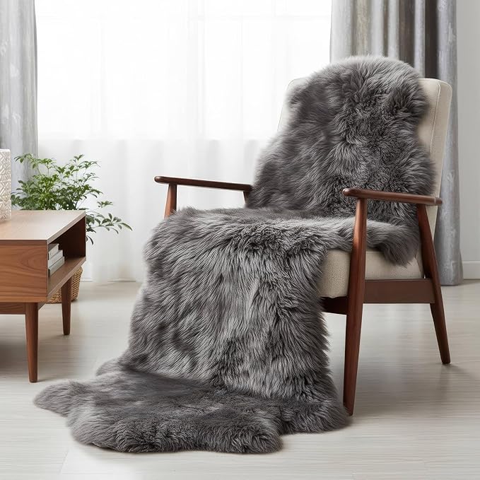 Premium Gray Sheepskin Rug Genuine Fur Bedside Runner 2x6ft - Great for Soothing Feet - Ethically Sourced Sheep Fur Rugs - Sheepskins Wool Runner