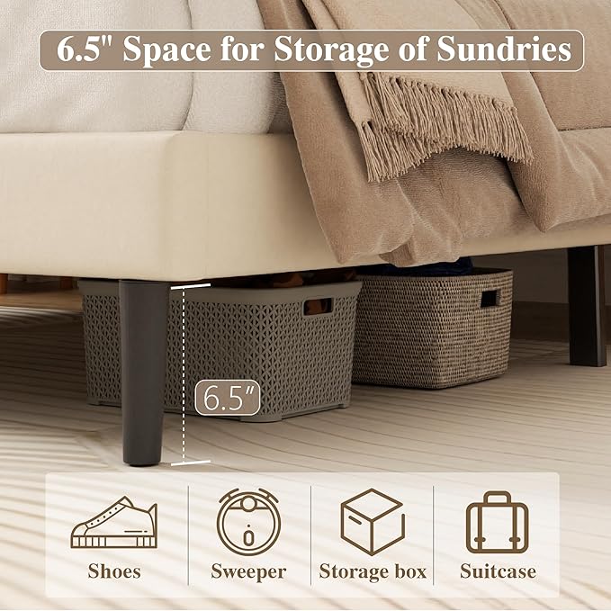 Queen Size Bed Frame with Diamond Tufted Headboard, Velvet Upholstered Platform Bed and Wooden Slat Support, Noise-Free, No Box Spring Needed, Easy Assembly, Beige