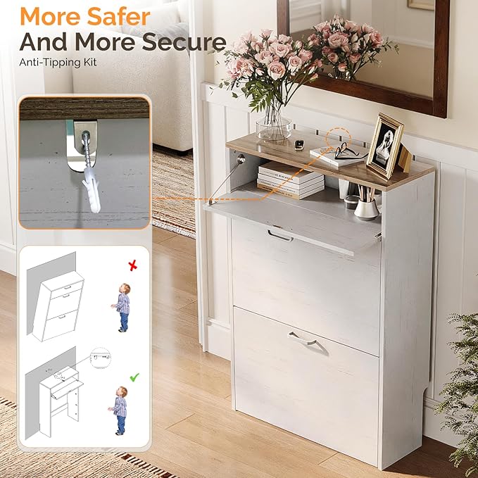 VINGLI Shoe Cabinet Storage for Entryway Ultra Slim with 2 Flip &1Drop-Down Drawers, 24.8" W Narrow Shoe Cabinet for Front Door Entrance,Freestanding Rustic White Wood Shoes Organizer for Hallway