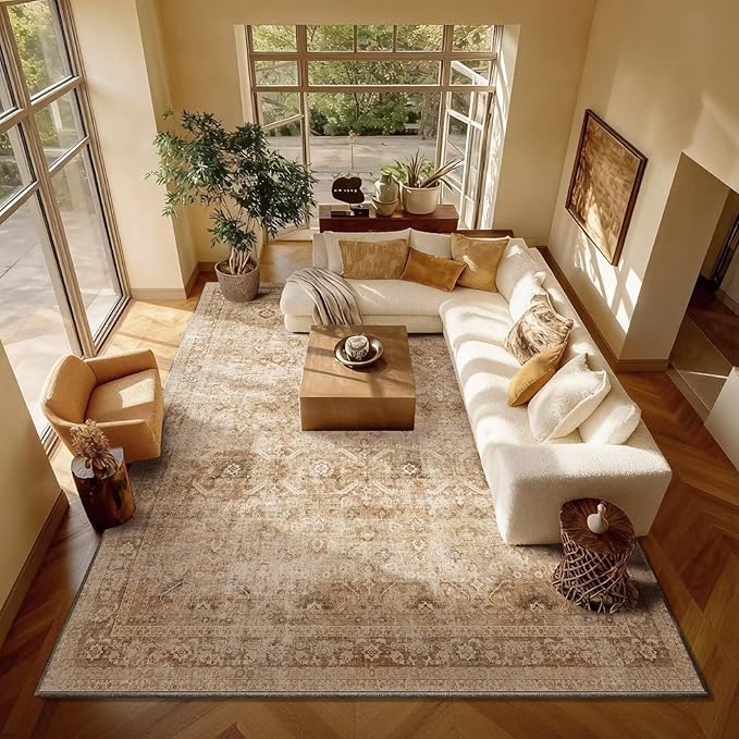 Washable 8x10 Area Rugs for Living Room, Boho Non-Slip Vintage Distress Large Rugs for Bedroom Dining Room Nursery Office, 0.3" Neutral Oriental Throw Thin Carpet, Brown/White/Multi