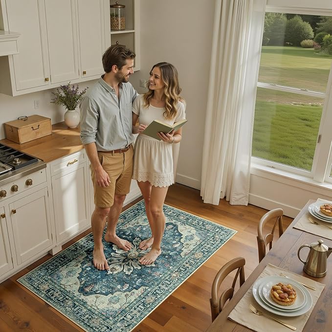 Area Rugs 3'x5' Washable Non-Slip, Floral Vintage Distress Print Pattern Medallion Carpet for Living Room Bedroom Dining Room, Dark Blue Vintage