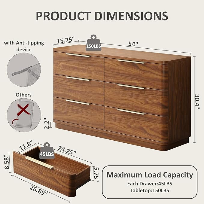 6 Drawer Dresser for Bedroom, 54" Wide Modern Chest of Drawers with Metal Handle, Curved Profile Design, Wooden Walnut Dresser Closet Clothes Storage TV Stand for Living Room, Hallway