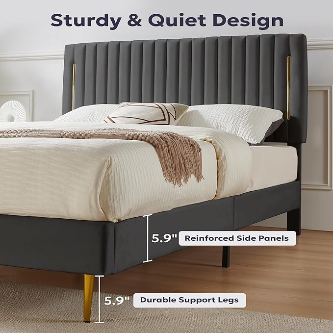 Full Platform Bed Frame, Velvet Upholstered Bedframe with Vertical Channel Adjustable Headboard, Golden Plating Trim, Mattress Foundation with Wooden Slats, No Box Spring Needed, Grey