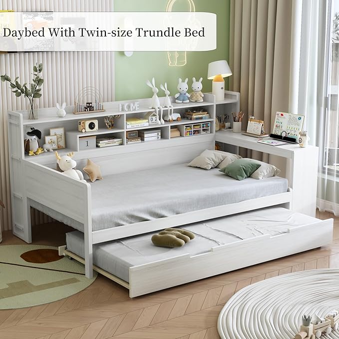 Merax Twin Size Corner Daybed Bed Frames with Desk and Trundle & Storage Shelves Headboard, Pinewood U-Shaped Captain Daybed Bed Frames for Small Room, Bedroom, Guest Room, Kids' Room, White