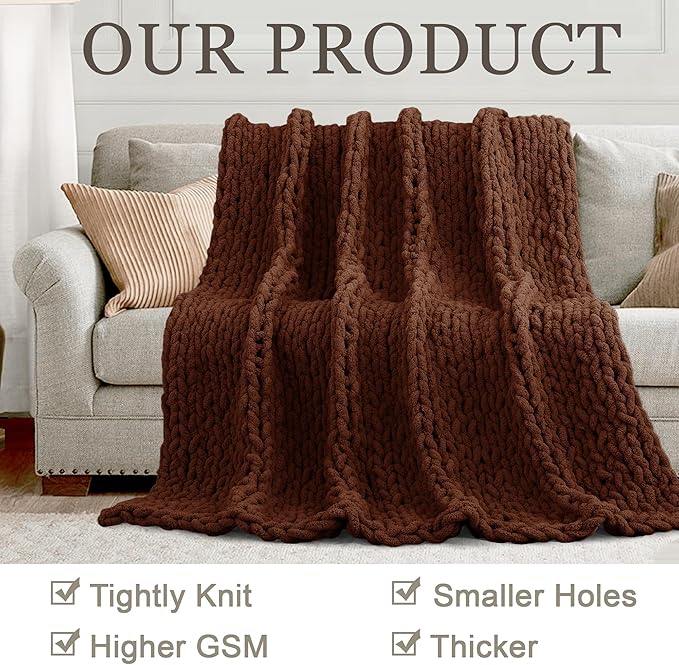 Chunky Knit Throw Blanket 50"X 60", 100% Handmade with Soft Chenille Yarn, 4.4lbs Thick Cable Knitted Blankets, Large Rope Knot Crochet Throws for Couch Sofa Bed Home Decor, Dark Brown