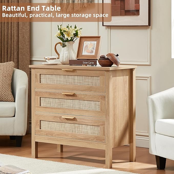 LEYAOYAO 31.5" Wide Rattan Night Stand, Large Boho Nightstand, Bedside Table with Storage, Tall Bed Side End Tables, Chest of Drawers for Bedroom, Living Room, Hallway（Natural,3 Drawers,2）