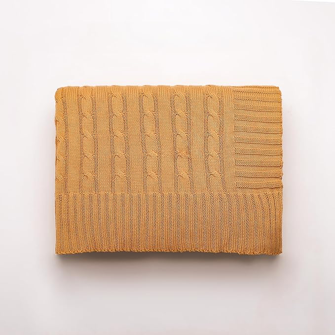 100% Cotton Cable-Knit Throw Blanket: 60" x 70", Ultra Soft, Breathable, All-Season Comfort & Versatility, Ideal for Couch, Bed, Travel and Gifting (Camel)