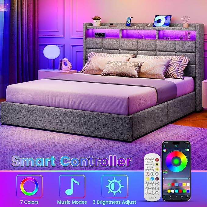 Lift Up Queen Bed Frame with Storage, Upholstered Bed Frame Queen Size with LED Lights Headboard and Charging Station, No Box Spring Needed, Easy Assembly - Light Grey