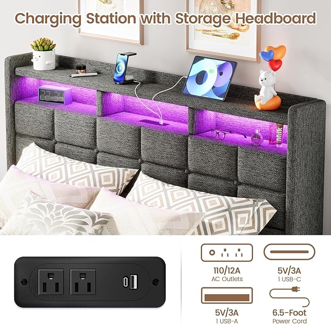 Lift Up Queen Bed Frame with Storage, Upholstered Bed Frame Queen Size with LED Lights Headboard and Charging Station, No Box Spring Needed, Easy Assembly - Dark Grey