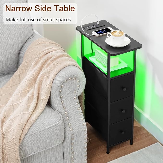 LOAKEKEL Narrow End Table Living Room with Charging Station, Skinny Side Table with Fabric Drawers, Slim LED Nightstand for Bedroom, Small Spaces, Couch, Black, HETNDP03LBK-1