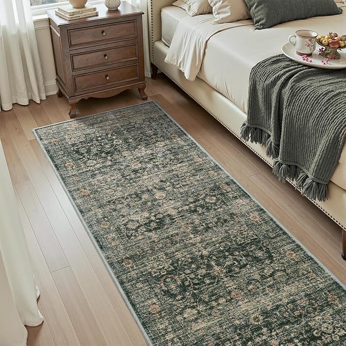 MontVoo-Vintage 2x10 Runner Rug-Soft Green Washable Runners for Hallways-Non Slip Bedside Rugs for Bedroom-Machine Washable Long Rug for Hallways Entryway Laundry Room Stair Kitchen Bathroom