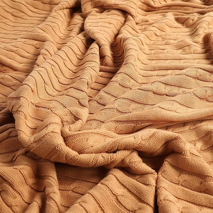 100% Cotton Cable-Knit Throw Blanket: 60" x 70", Ultra Soft, Breathable, All-Season Comfort & Versatility, Ideal for Couch, Bed, Travel and Gifting (Camel)