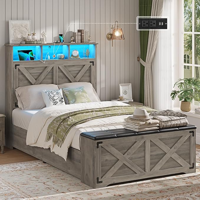 Hasuit Farmhouse Bed Frame Twin Size with Storage Headboard, Charging Station and LED Light, Wooden Twin Bed Frame with Storage Ottoman, Barn Door Design, No Box Spring Needed, No Noise (Oak Grey)