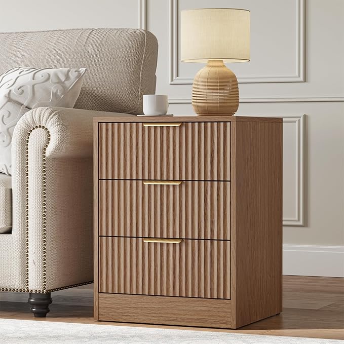 Fluted Dresser & 3 Drawer Nightstand Set 3-Piece, 63” Long 9 Drawer Dresser and Night Stand Set of 2, Fluted Modern Wood Chest of Drawers Storage Dressers Set for Bedroom, Natural Wood