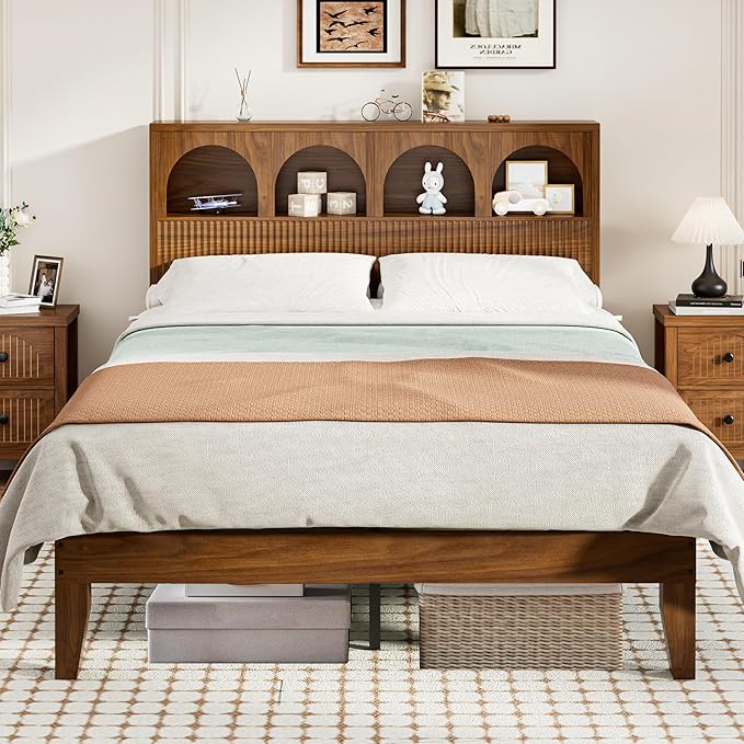 Full Bed Frame with Wave Headboard, Storage Headboard with 4 Arched Storage Compartments, Farmhouse Wooden Full Bed Frame, No Box Spring Needed, No Noise (Full-Walnut)