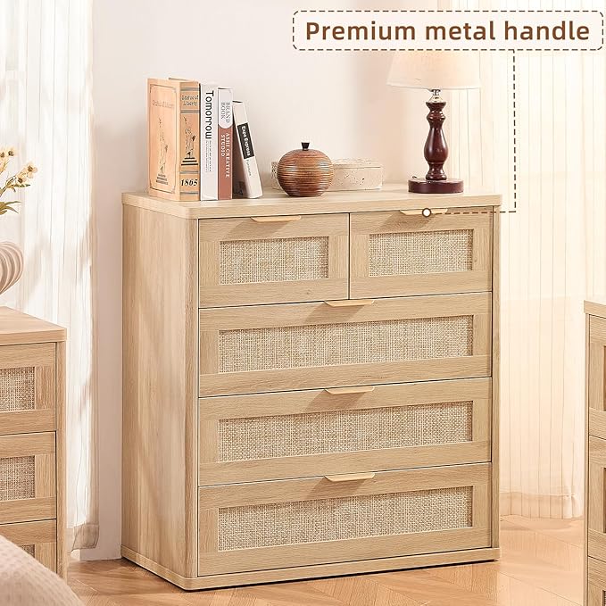 LEYAOYAO Rattan Dresser for Bedroom Set of 2, 33.5" Tall Chest of Drawers, Modern 5 Drawers Boho Dressers with Storage, Light Oak Dresser Wooden Closet Organizer for Living Room, Hallway, Natural Wood
