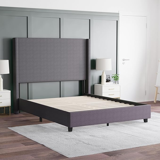 EMMA + OLIVER Nora Queen Size Faux Linen Upholstered Platform Bed with Plush Padded Wingback Headboard (No Box Spring Needed), Modern Upholstered Headboard Queen Bed Frame, Gray