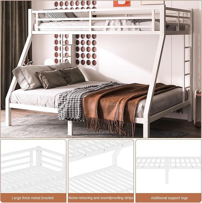 Twin XL Over Queen Bunk Bed Frame, Heavy Duty Metal Loft Bed for Adults/Teens, 350/600LB Capacity w/Ladder & Guardrail, Noise-Free Steel Slats, No Box Spring Required, White