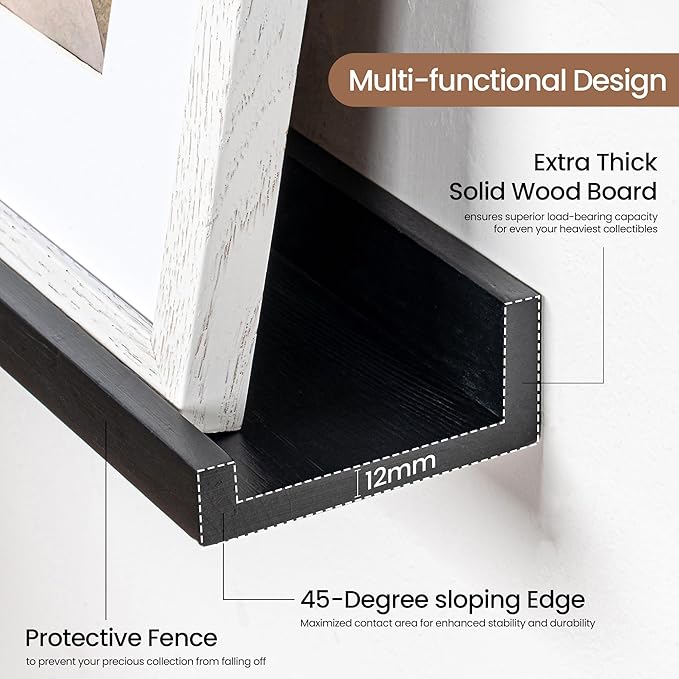 Picture Ledge Shelf, Floating Shelves Set of 2, 32 Inches Solid Wood Nursery Book Shelves for Toys Storage, Kids Bookshelf Wall Mounted for Living Room Bedroom Decor Books Photo Frames, Black