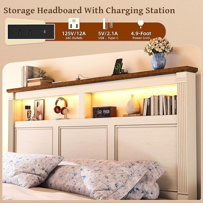 Queen Size Bed Frame with 53" Tall Headboard, Farmhouse Platform Bed Frame with Roman Column Decoration Footboard & 2 Storage Drawers, LED Built in Charging Station, No Box Spring Needed（Rust White)