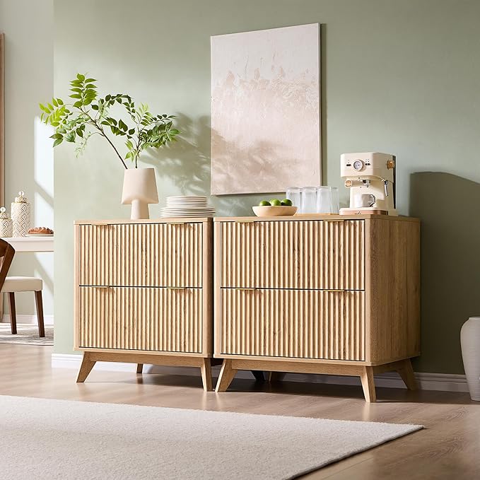 T4TREAM Modern Fluted Sideboard Buffet Cabinet with Drawers Storage, 30" Modular Accent Cabinet for Credenza, Entryway & Hallway, Natural Oak