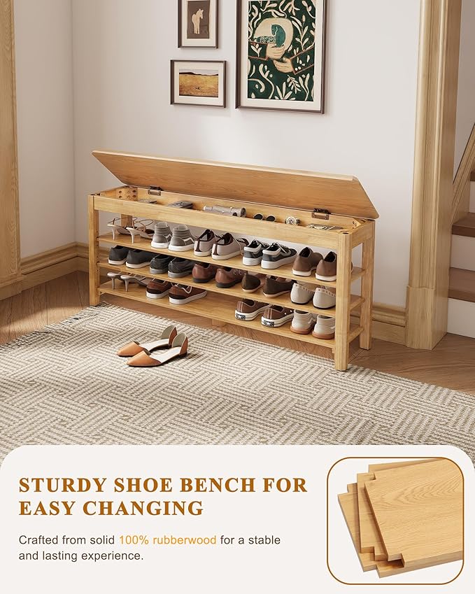 Shoe Rack Bench Seat Rubberwood 3-Tier Wooden Storage Bench 550lbs Compact Mid-Century Modern Design for Entryway, Hallway, Closet, Front Door Entrance, Foyer