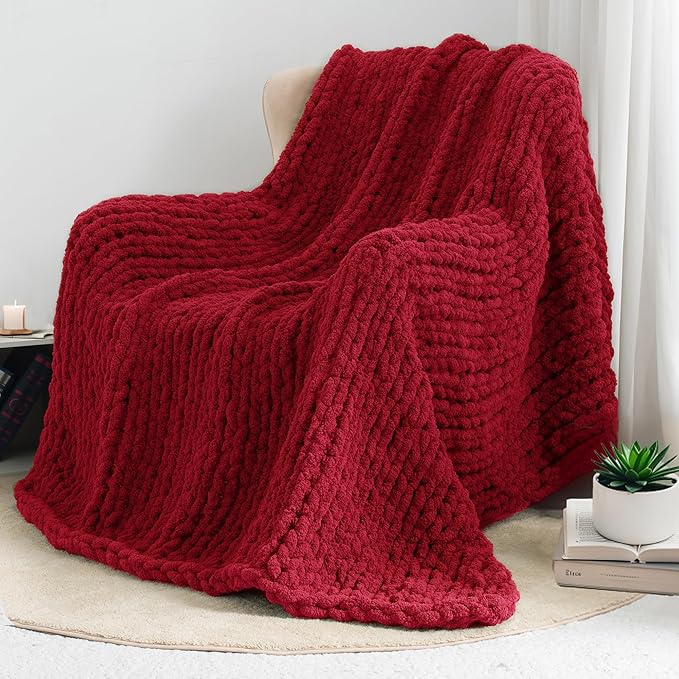 Chunky Knit Throw Blanket 50"X 60", 100% Handmade with Soft Chenille Yarn, 4.4lbs Thick Cable Knitted Blankets, Large Rope Knot Crochet Throws for Couch Sofa Bed Home Decor, Red
