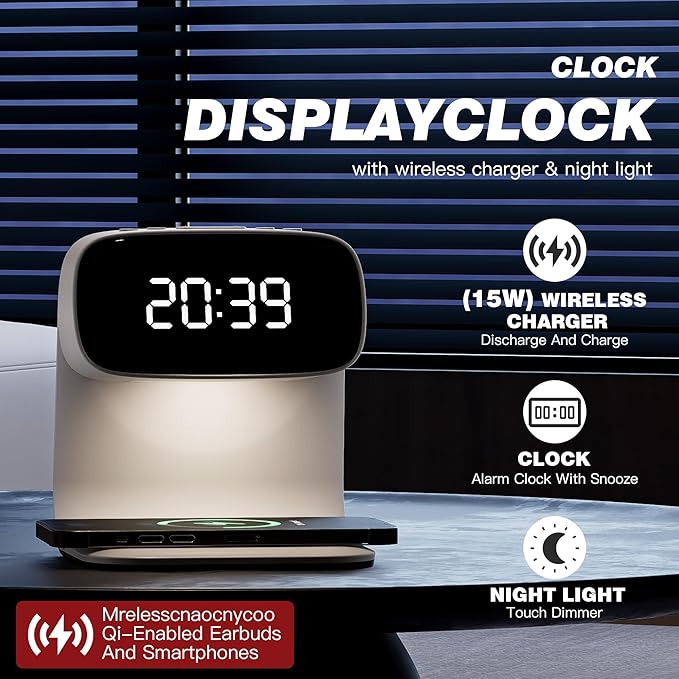 Digital Alarm Clock with Wireless Fast Charging Station 15W Touch Smart Lamp for Bedside,3 Colors Nightlight Adjustment Night Lamp for Living Room,Bedside,Heavy Sleepers (White+Cable&Adapter)
