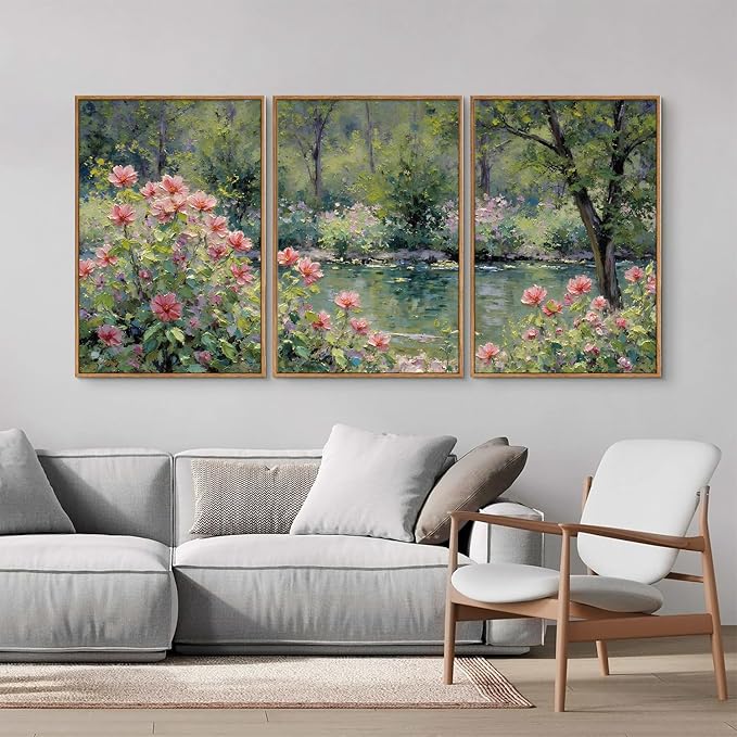 Yeehomedec Monet Anthropologie Framed Canvas Wall Art Set, Impressionist Floral Garden Wall Decor, Vintage Flowers Pond Trees Artwork, Nature Landscape Art Paintings for Living Room Bedroom Bathroom 16"x24"x3