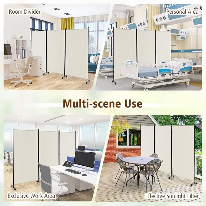 GOFLAME 3 Panel Folding Room Divider, 6FT Rolling Privacy Screen with Lockable Wheels, Portable Room Partition Screen, Freestanding Wall Divider and Separator for Home Office, White