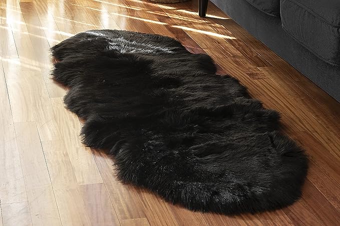 Silky Soft Faux Fur Rug, 2 ft. x 6 ft. Black Fluffy and Shaggy Sheepskin Area Carpet for Living Rooms, Bedroom, Kid's Room, or Nursery, Home Décor Accent, Machine Washable with Non-Slip Backing